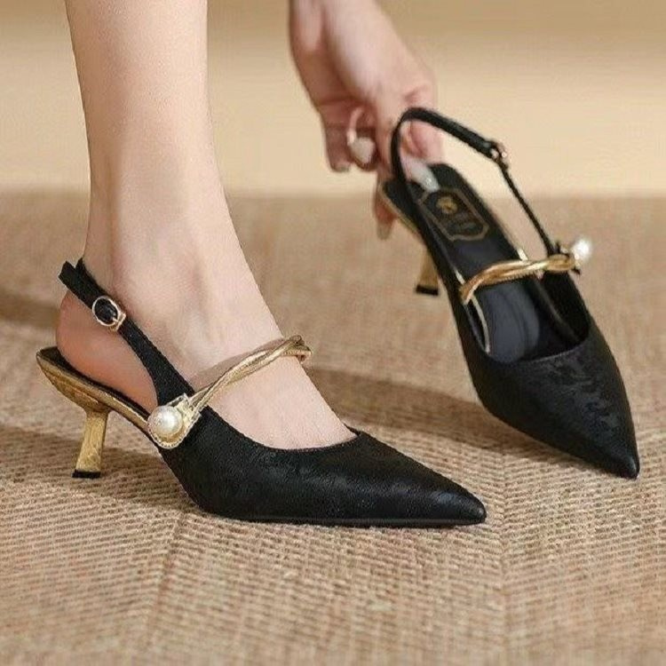 Mid-Heel Slingback Pumps - Elegant Vegan Brocade With Pearl Detail