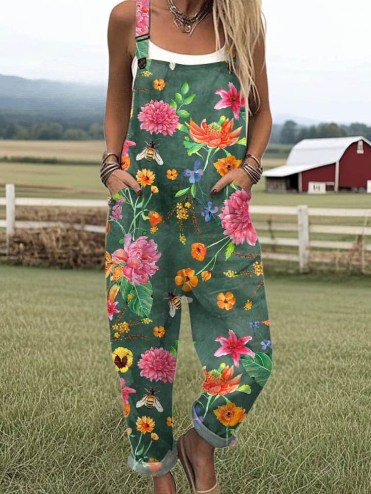Women's Jumpsuit - Vintage Floral Design, Wide Leg Comfort & Style
