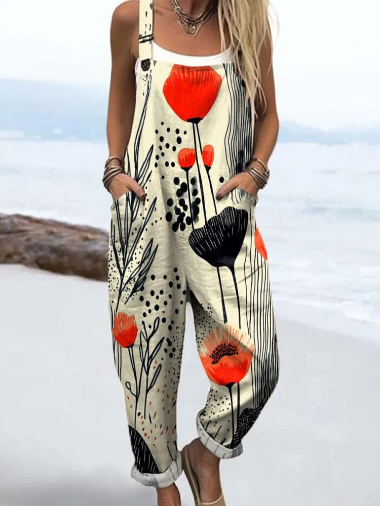 Women's Jumpsuit - Vintage Floral Design, Wide Leg Comfort & Style