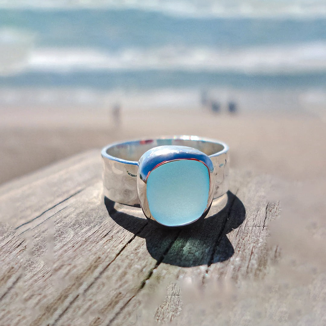 Ovarian Cancer Awareness-Thalassophile Sea Glass Wide Band Ring