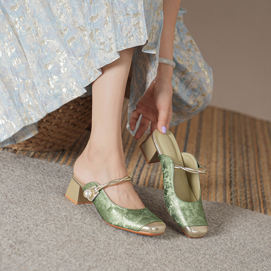 Mid-Heel Mules - Elegant Floral Design with Pearl Detail for Women