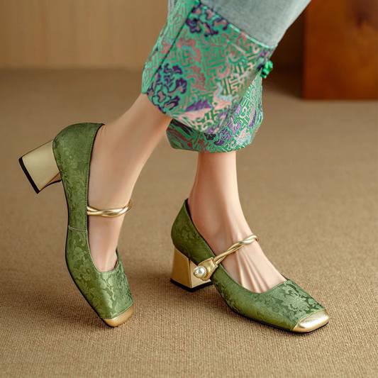 Block-Heel Pumps - Elegant Vegan Gold Heels for Women with Pearl Accent