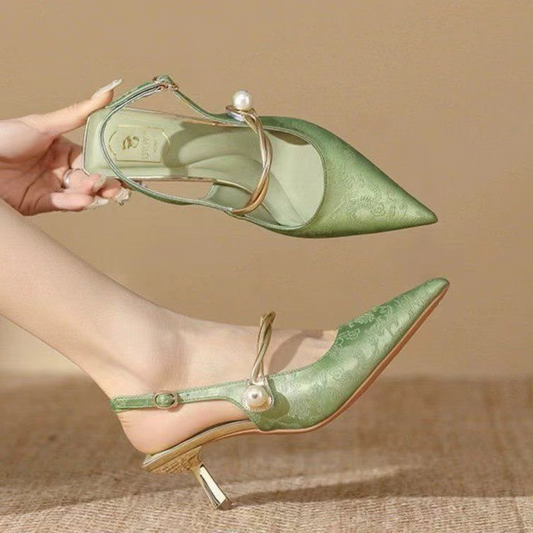 Mid-Heel Slingback Pumps - Elegant Vegan Brocade With Pearl Detail