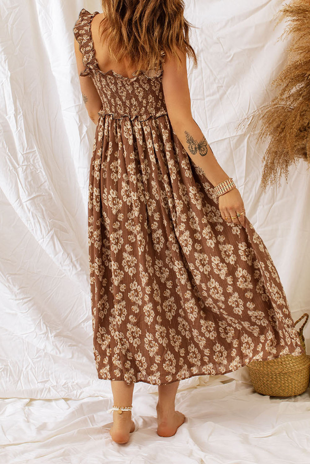 Ruffled Smocked Floral Maxi Dresses