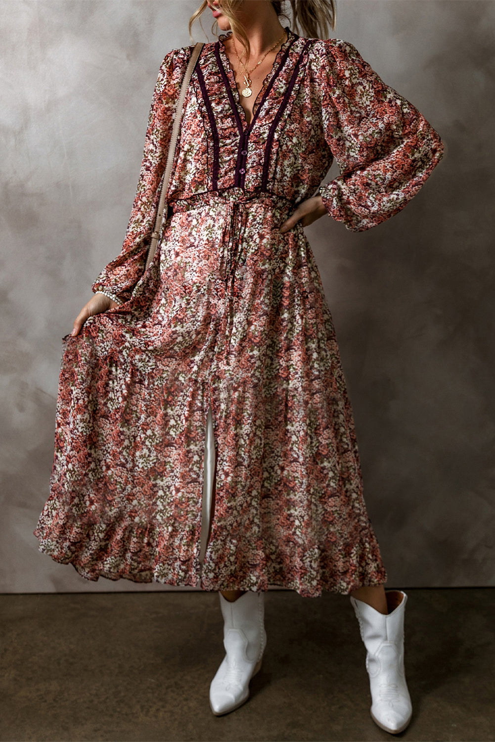 Floral Print V Neck Midi Dress