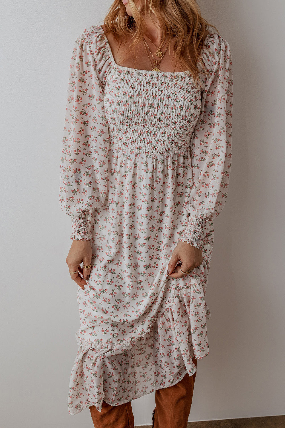 Floral Print Square Neck Midi Dress