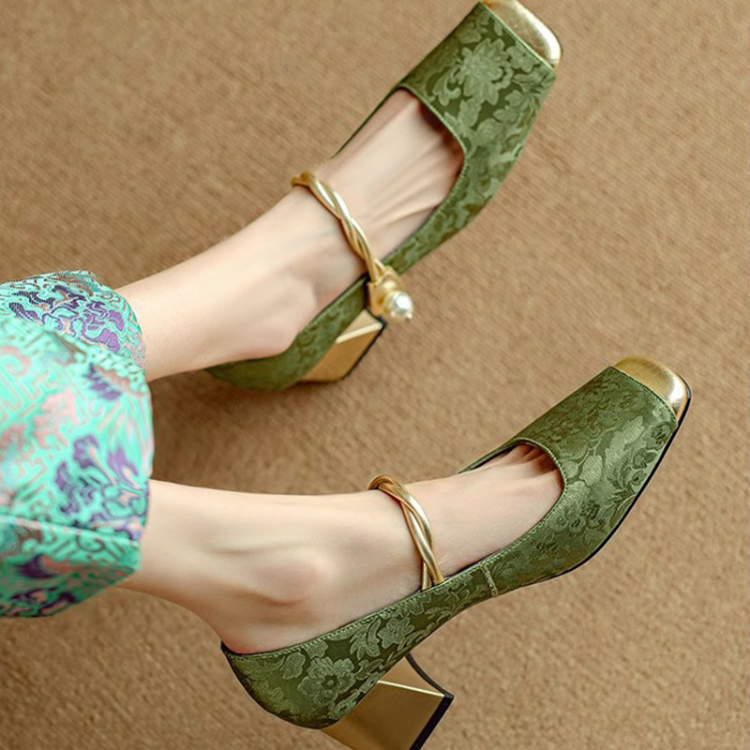 Block-Heel Pumps - Elegant Vegan Gold Heels for Women with Pearl Accent