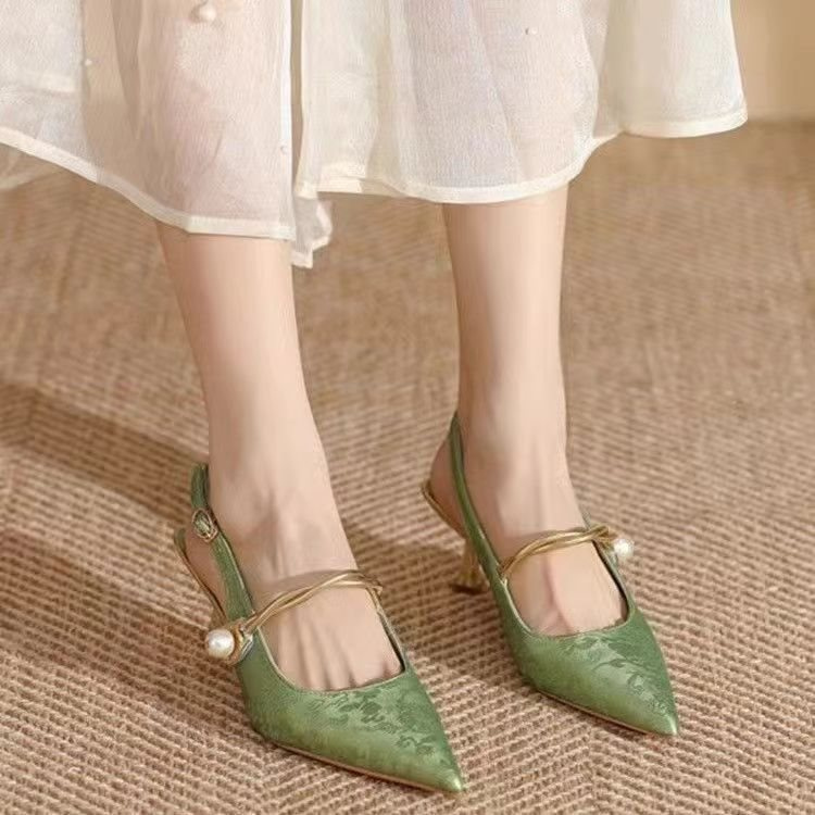 Mid-Heel Slingback Pumps - Elegant Vegan Brocade With Pearl Detail