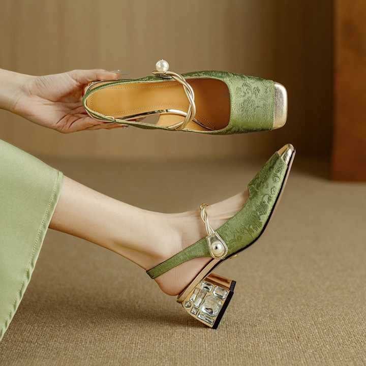 Elegant Black Slingback Heels - Luxurious Vegan Brocade & Crystal Heel