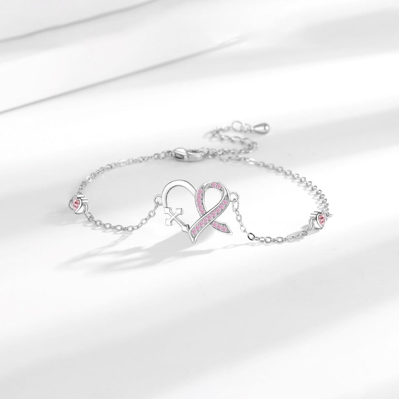 Breast Cancer Awareness Pink Ribbon Cross Heart Bracelet