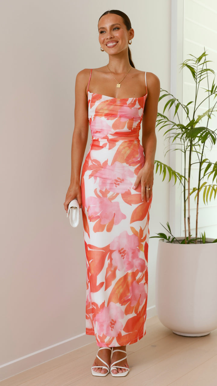Floral Maxi Dress - Elegant Design with Adjustable Fit for Women