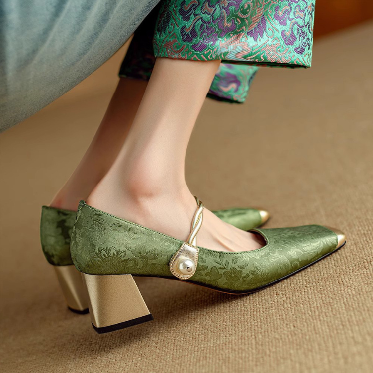 Block-Heel Pumps - Elegant Vegan Gold Heels for Women with Pearl Accent