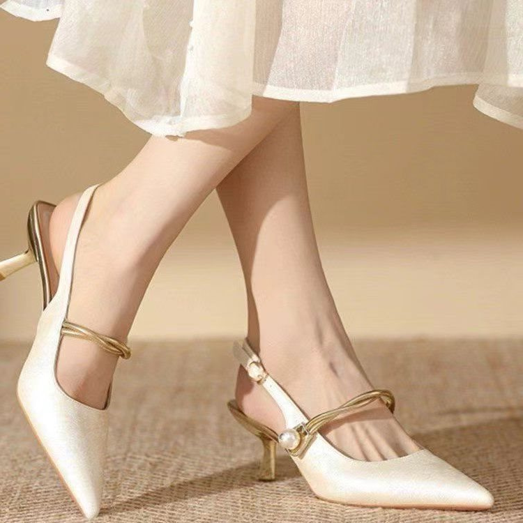 Mid-Heel Slingback Pumps - Elegant Vegan Brocade With Pearl Detail