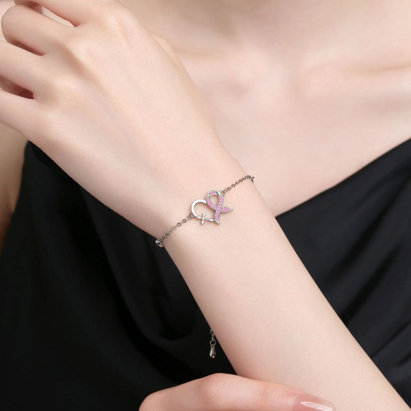 Breast Cancer Awareness Pink Ribbon Cross Heart Bracelet