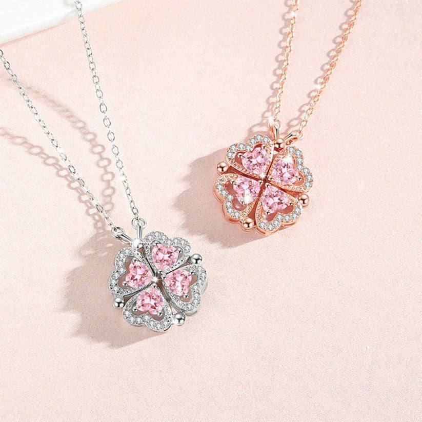 Breast Cancer Awareness-Pink Diamond Four-Leaf Clover Necklace