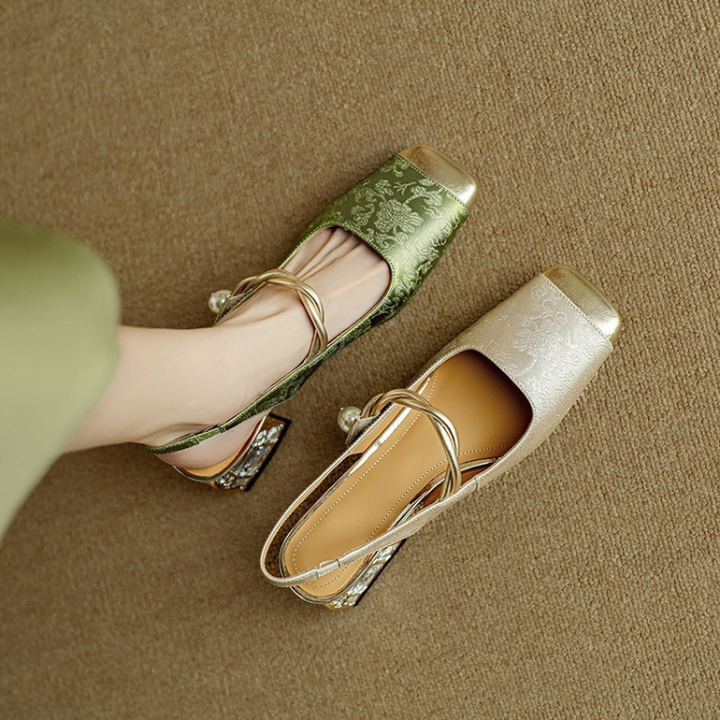 Elegant Black Slingback Heels - Luxurious Vegan Brocade & Crystal Heel