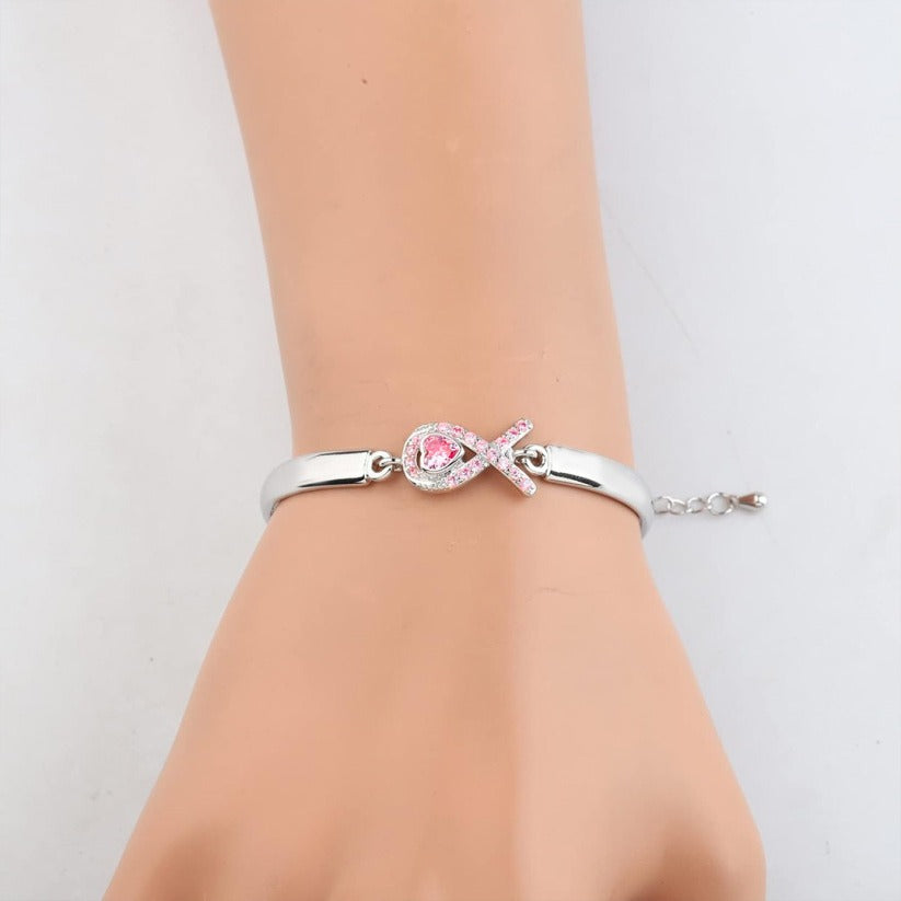Breast Cancer Awareness Pink Heart Ribbon Bracelet