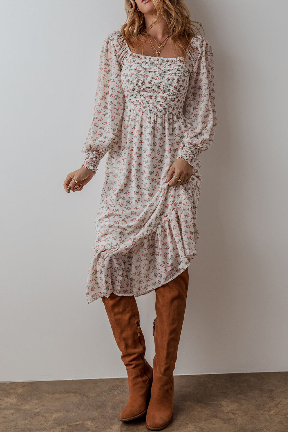 Floral Print Square Neck Midi Dress