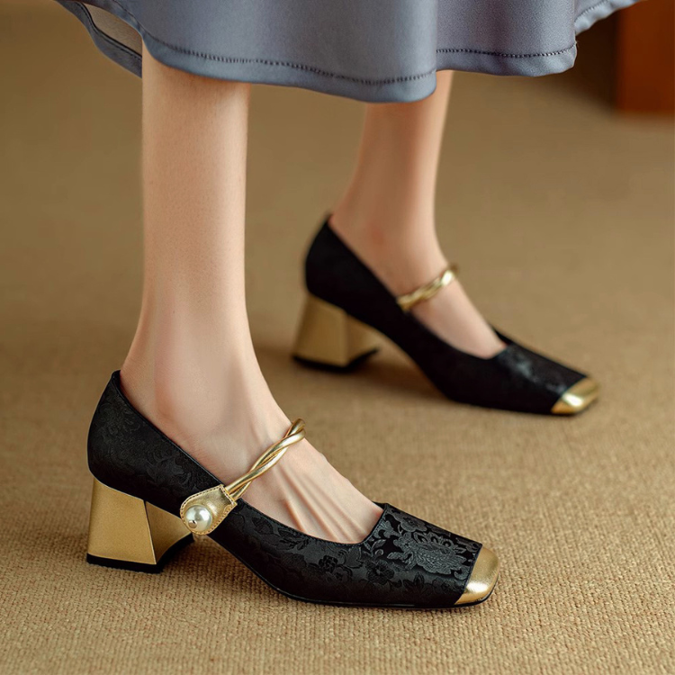 Block-Heel Pumps - Elegant Vegan Gold Heels for Women with Pearl Accent