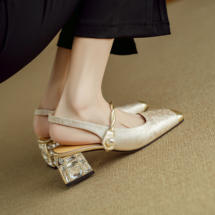 Elegant Black Slingback Heels - Luxurious Vegan Brocade & Crystal Heel