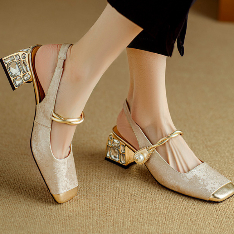 Elegant Black Slingback Heels - Luxurious Vegan Brocade & Crystal Heel