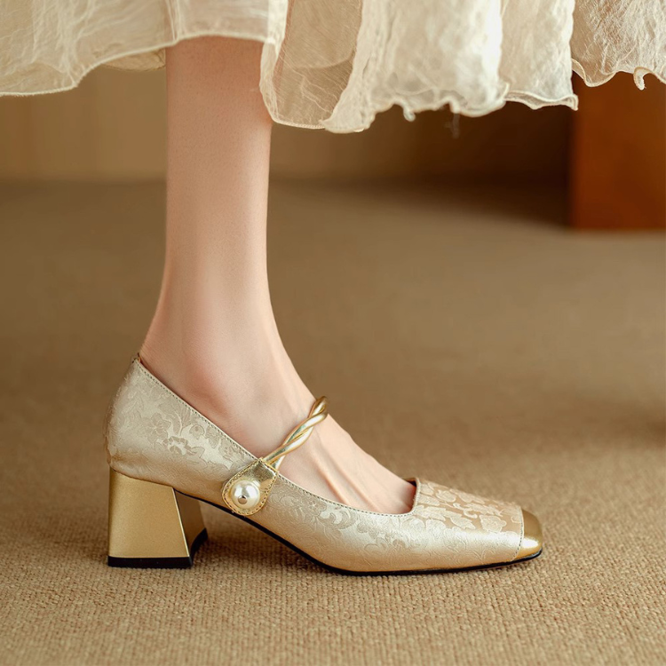 Block-Heel Pumps - Elegant Vegan Gold Heels for Women with Pearl Accent