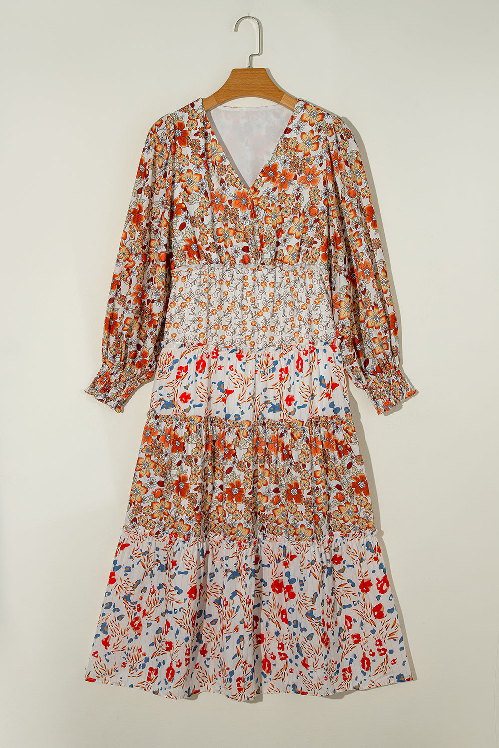 Floral Print Ruffled Long Sleeve Midi Dress