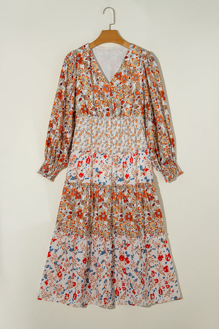 Floral Print Ruffled Long Sleeve Midi Dress