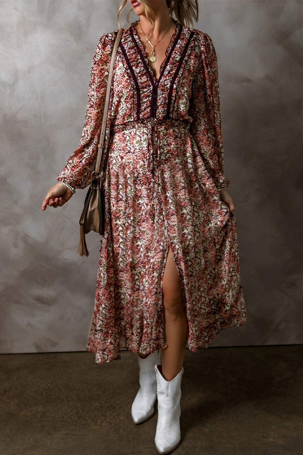 Floral Print V Neck Midi Dress
