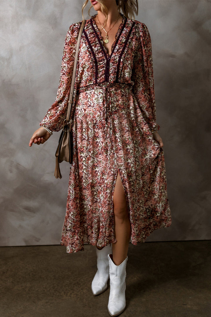 Floral Print V Neck Midi Dress