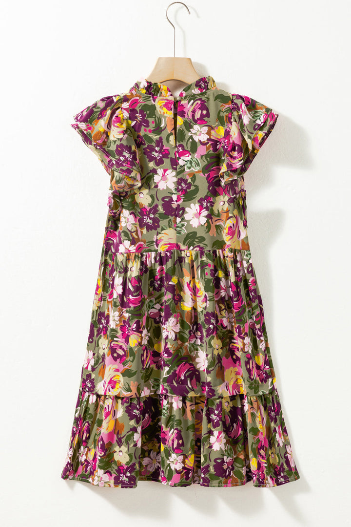 Flutter Sleeve Frilled Neck Mini Dresses