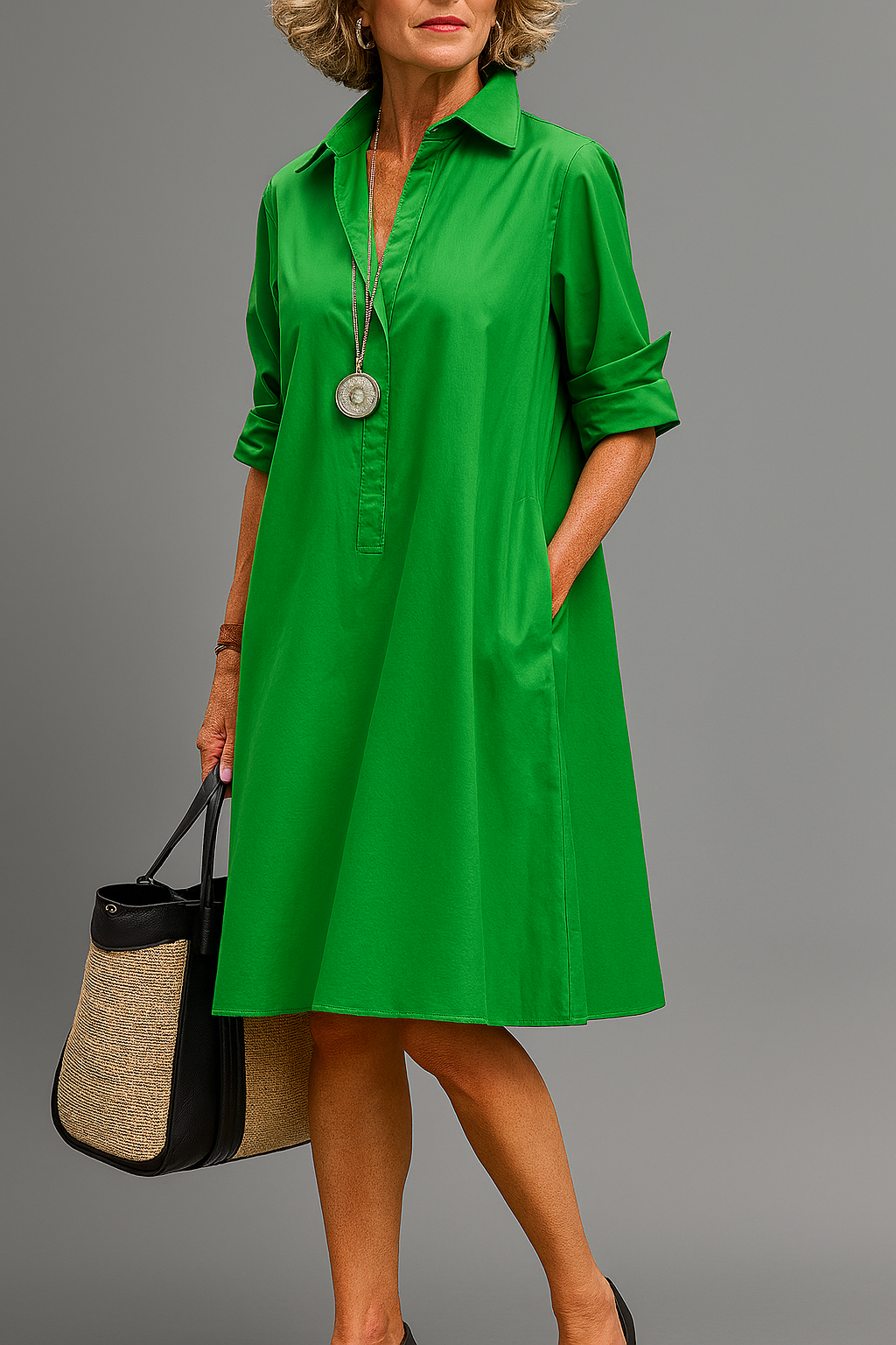 Bernadette™ | Elegant Green Midi Dress with Long Sleeves