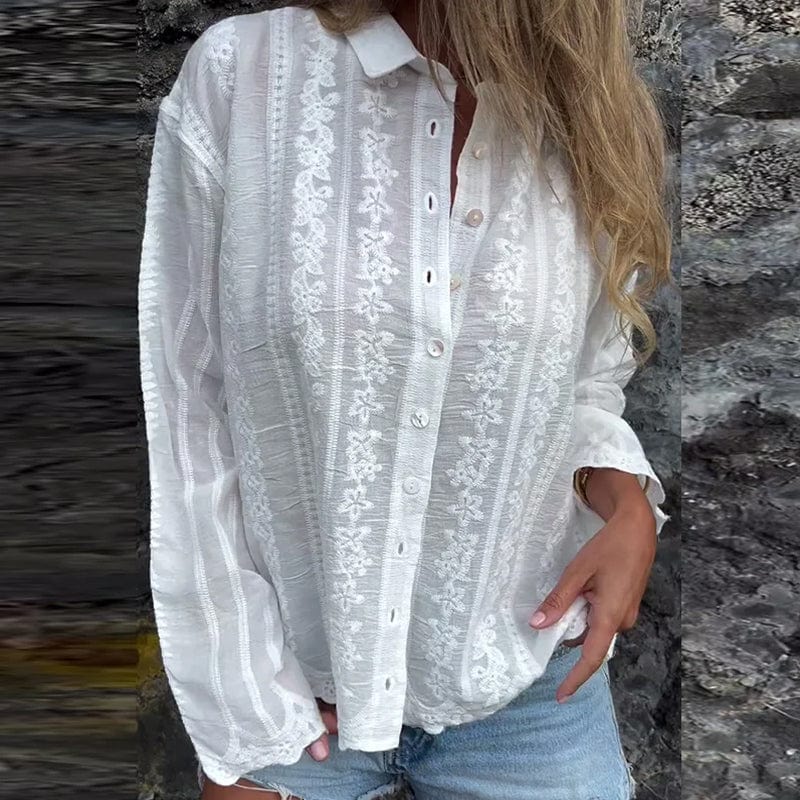 Élodie™ | Elegant White Blouse With Floral Embroidery