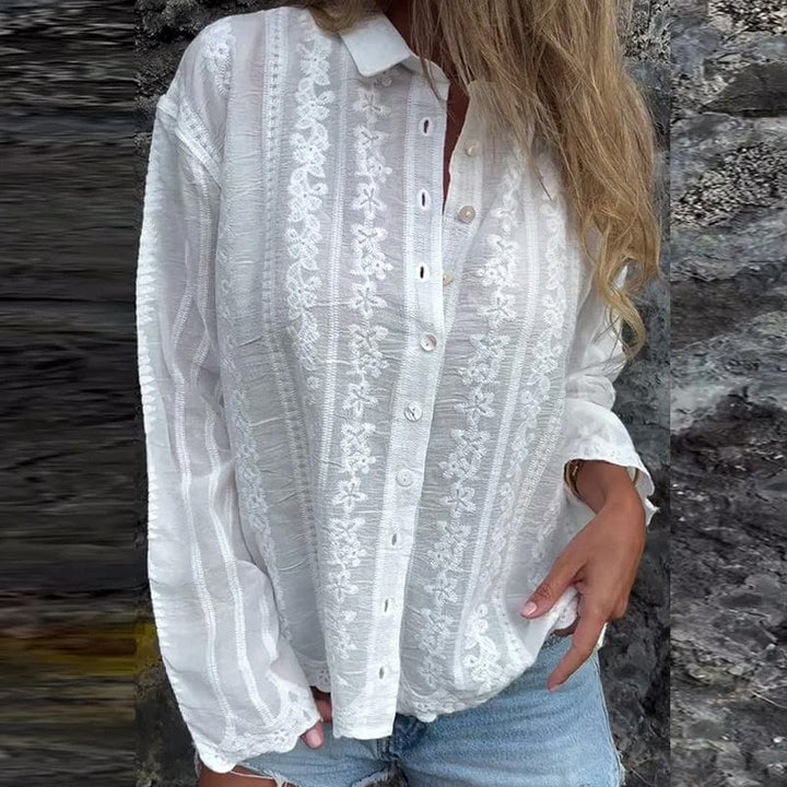 Élodie™ | Elegant White Blouse With Floral Embroidery