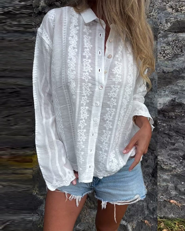 Élodie™ | Elegant White Blouse With Floral Embroidery