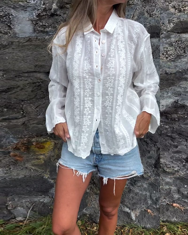 Élodie™ | Elegant White Blouse With Floral Embroidery