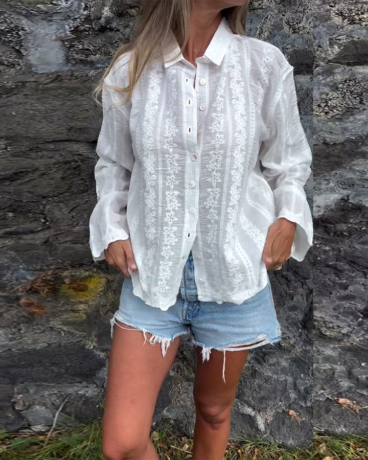 Élodie™ | Elegant White Blouse With Floral Embroidery