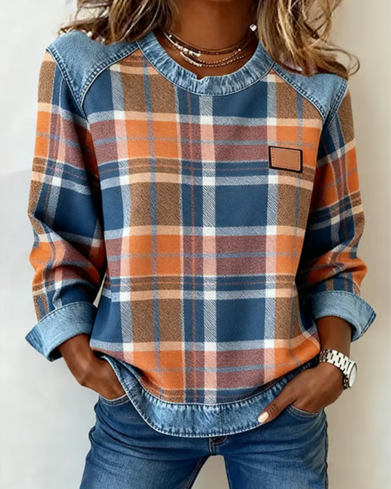 Fashionable Sweatshirt with Checkered Patchwork 0