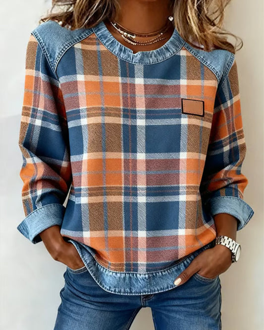 Fashionable Sweatshirt with Checkered Patchwork 0