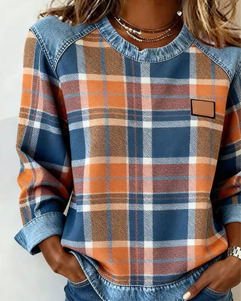 Fashionable Sweatshirt with Checkered Patchwork 1