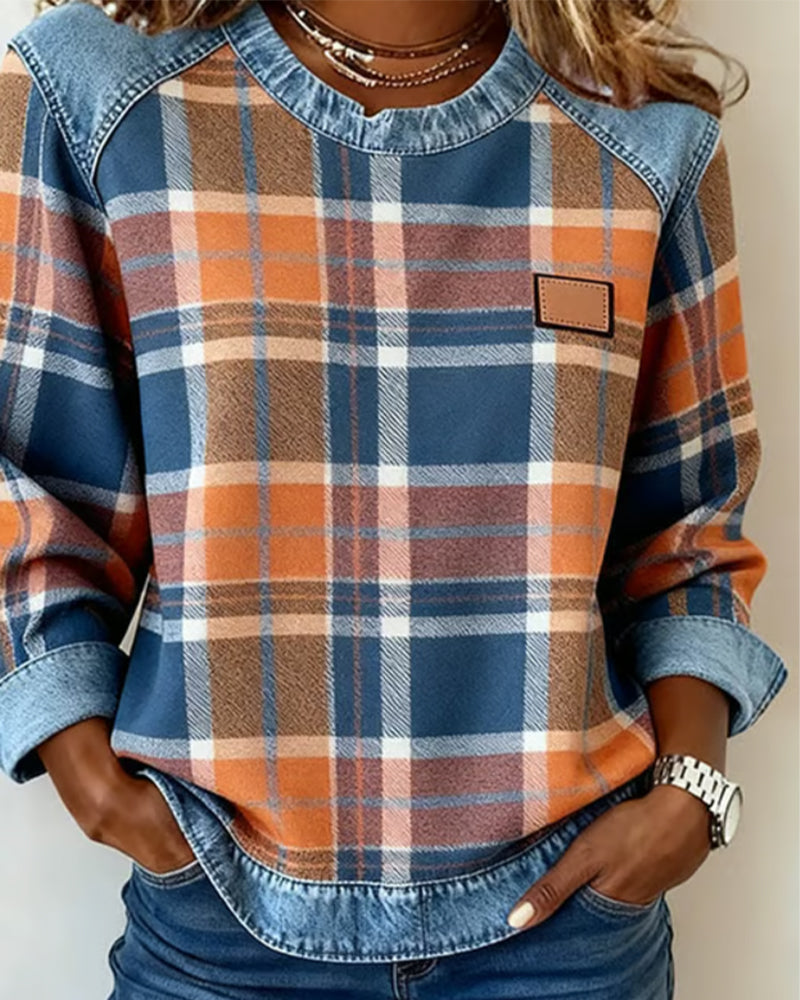 Fashionable Sweatshirt with Checkered Patchwork 2