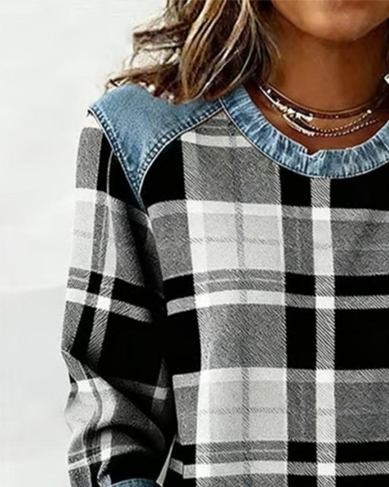 Fashionable Sweatshirt with Checkered Patchwork 6