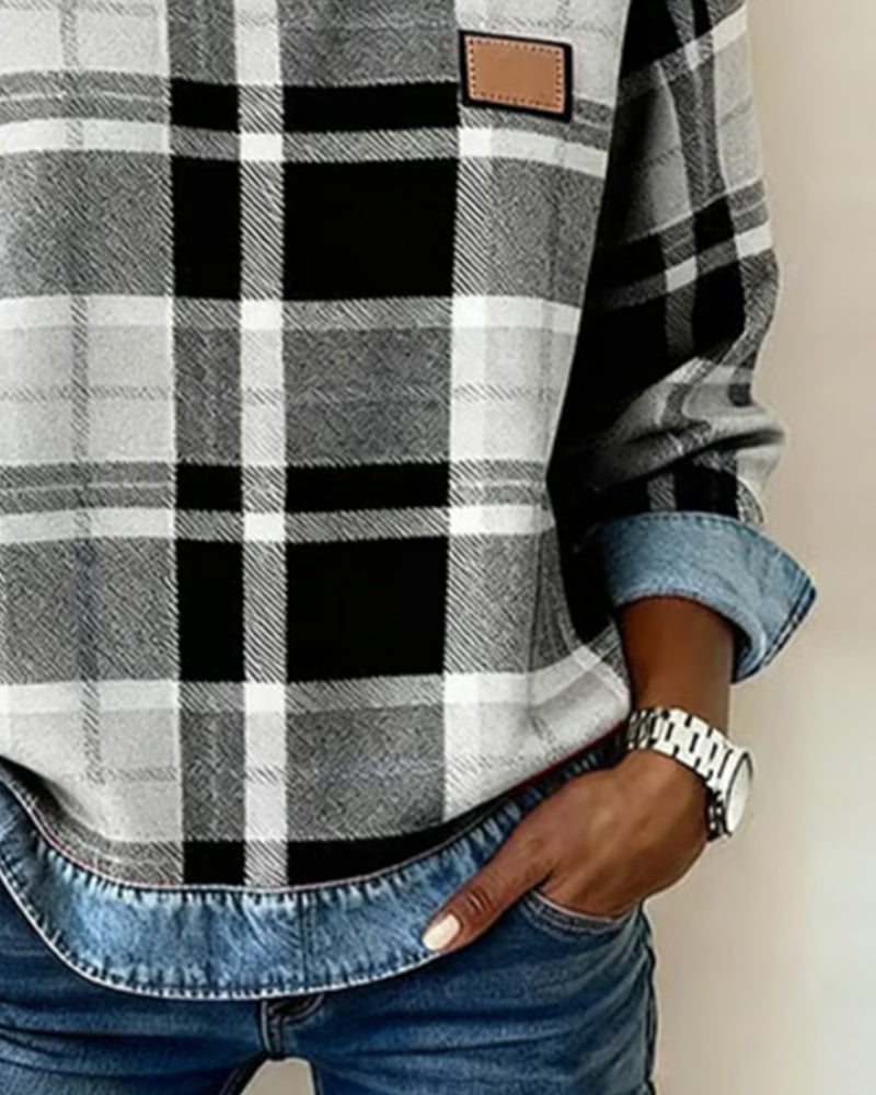 Fashionable Sweatshirt with Checkered Patchwork 7