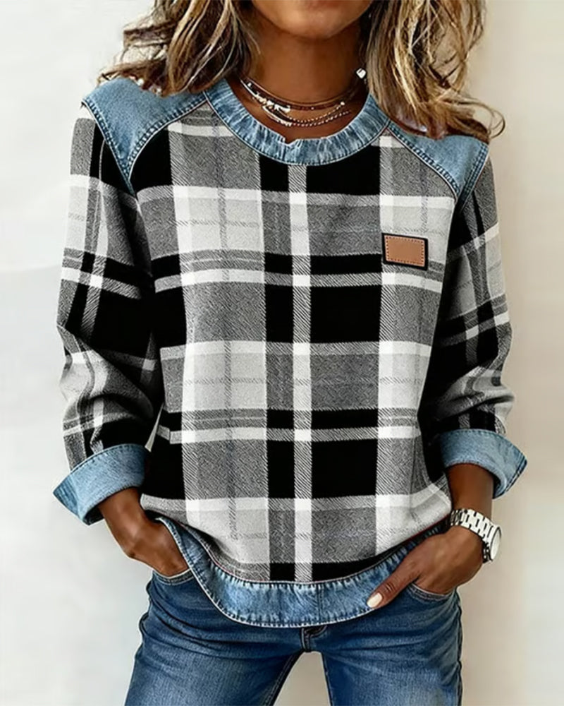 Fashionable Sweatshirt with Checkered Patchwork 8