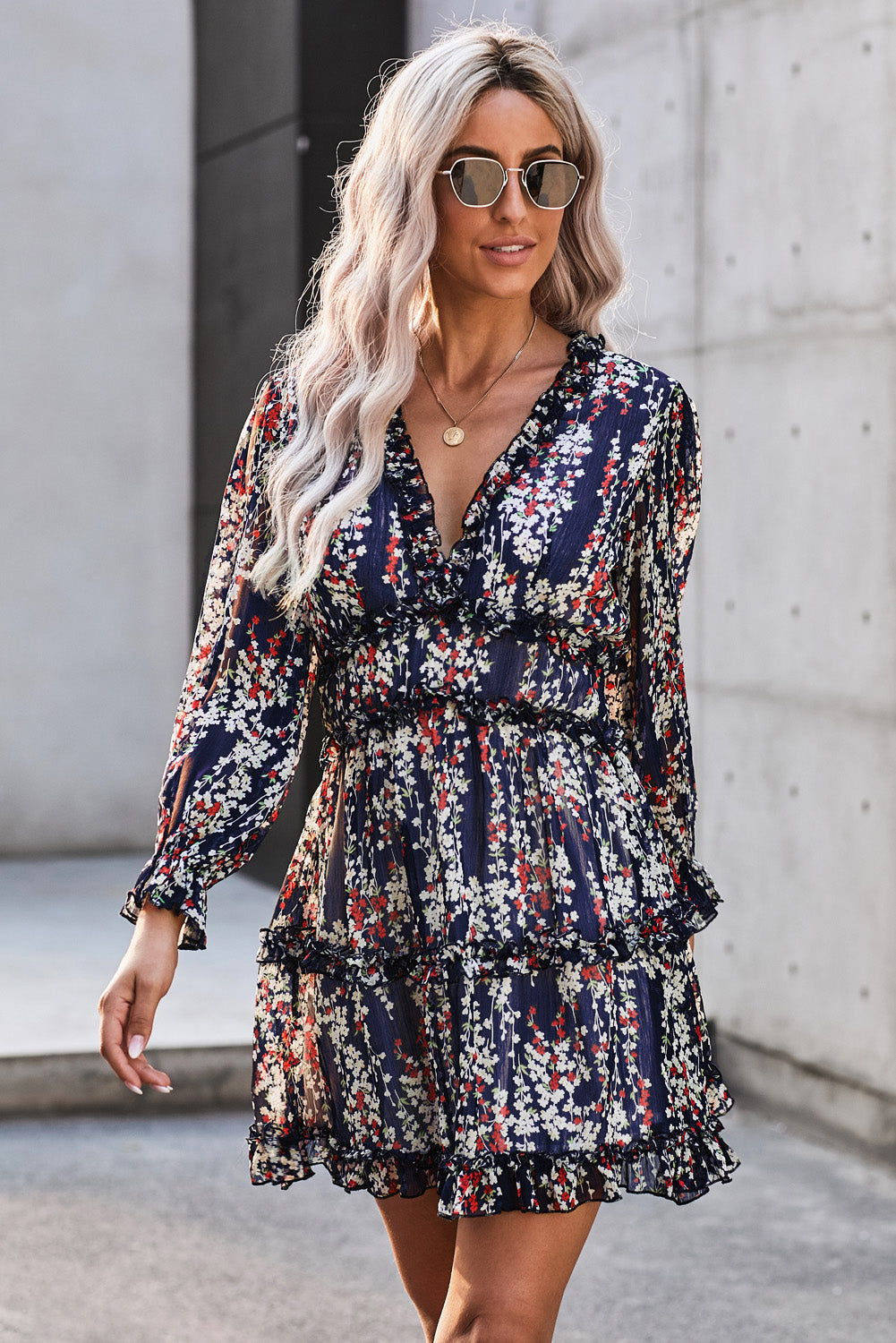White Ruffle Detailing V-Neck Open Back Floral Dress