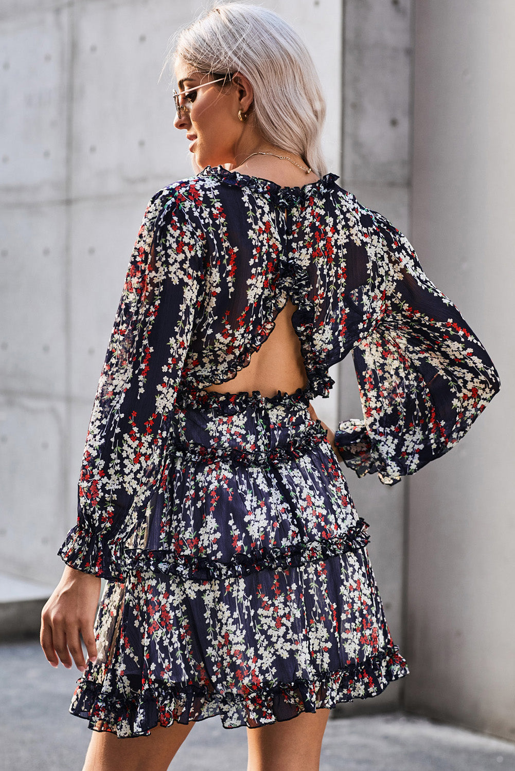 White Ruffle Detailing V-Neck Open Back Floral Dress