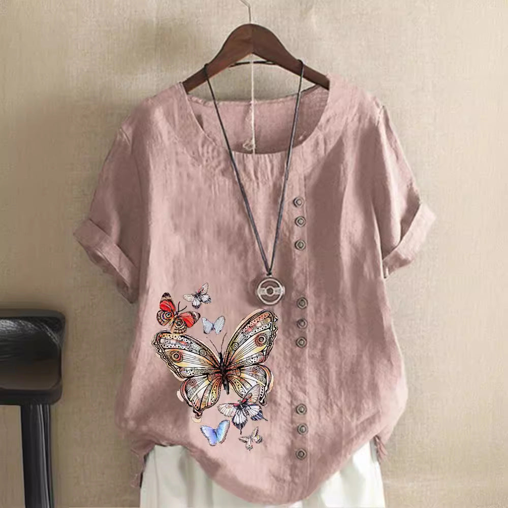 Elise - Linen T-Shirt with Butterfly Motif