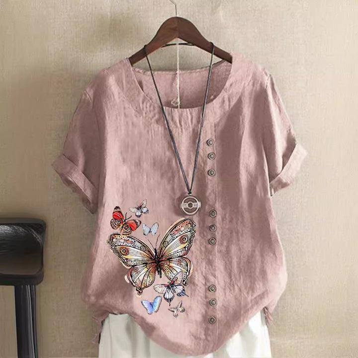 Elise - Linen T-Shirt with Butterfly Motif