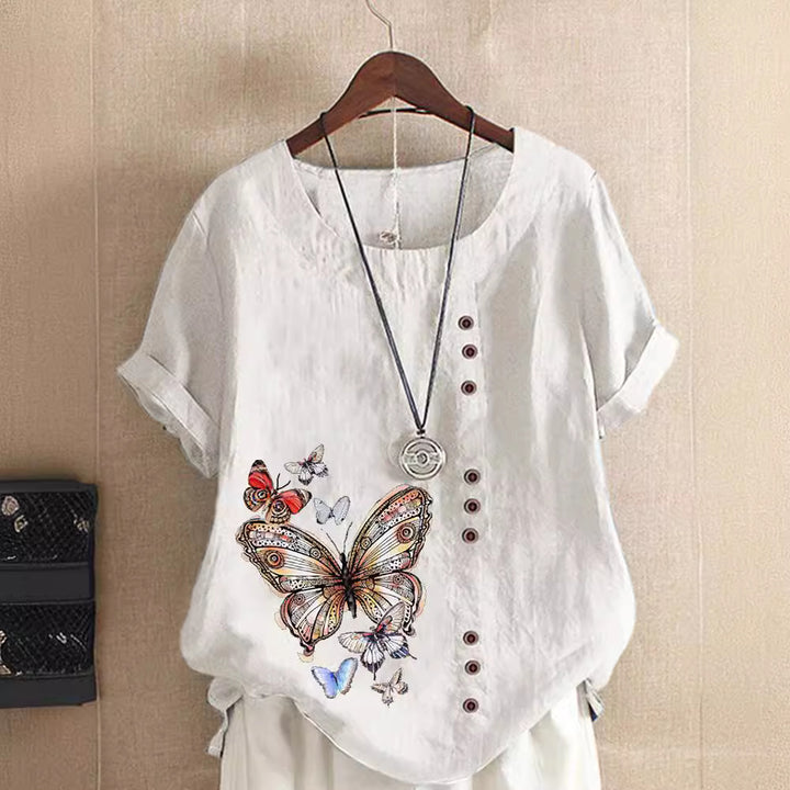 Elise - Linen T-Shirt with Butterfly Motif