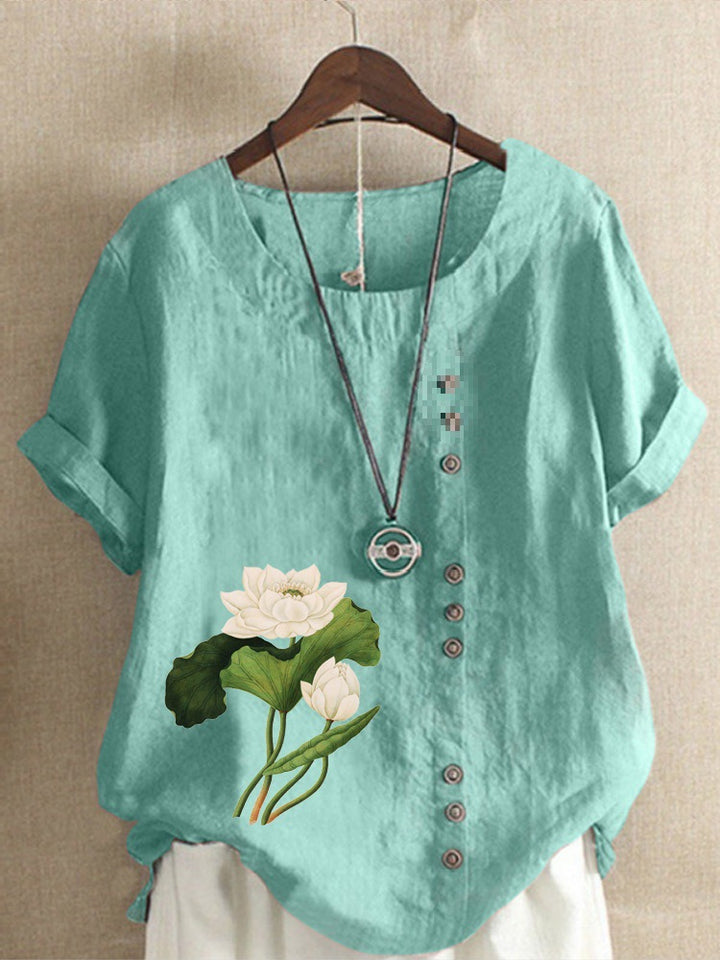 Sara - Linen T-Shirt With Flower Motif